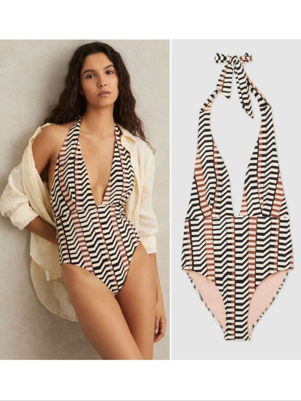REISS Abi Chevron Stripe Plunge V-neck Swimsuit One Piece Halterneck Size 6 NEW